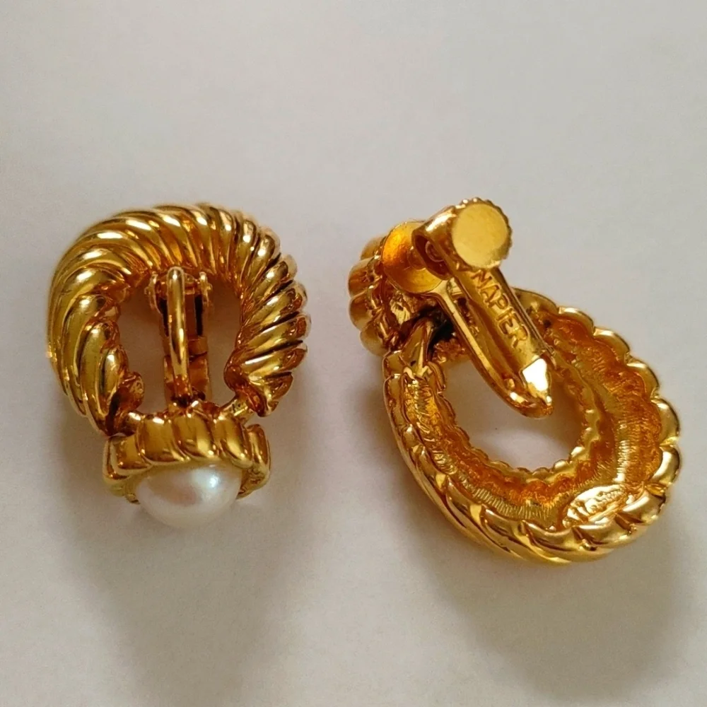 Vintage Napier Gold Loop and Pearl Adjustable Clip Earrings
